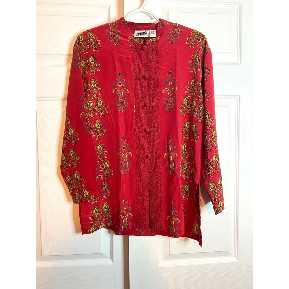 VTG Chicos Design Red 100% Silk Paisley Frog Closure Blouse Mandarin Collar Y2K